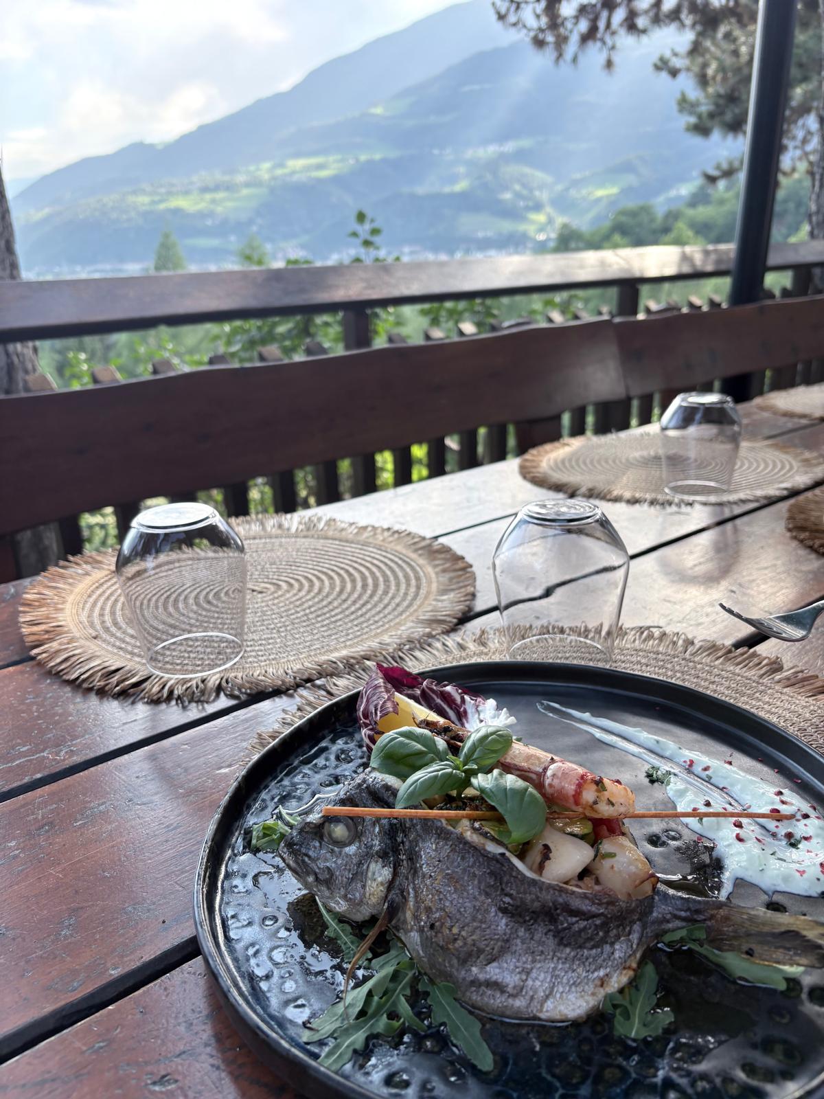 Beautifully plated fresh fish dish with a stunning scenic mountain view